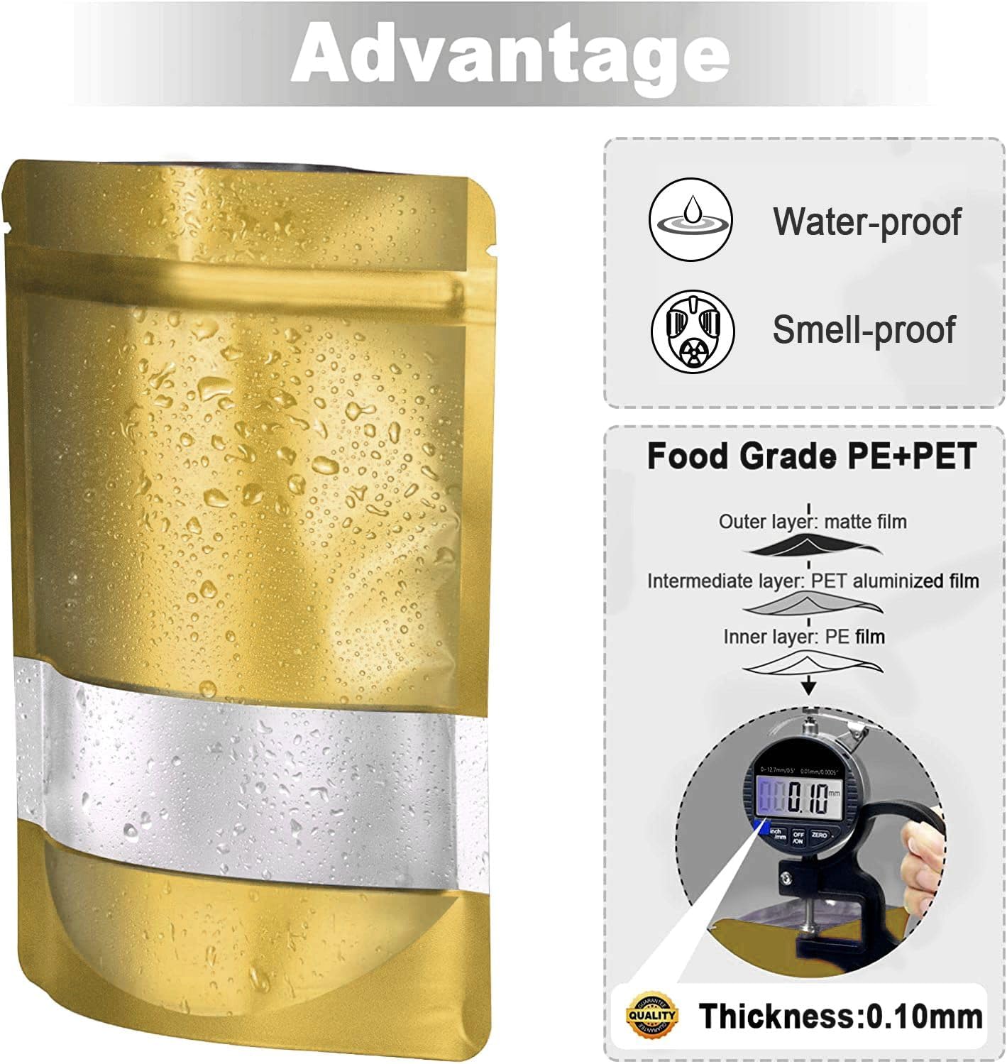 6.3"x9.5" 120pcs Mylar Bags for Food Storage,Smell Proof Bag with Matte Window Resealable Food Storage Bags for Small Business, Stand-up Foil Pouch Packaging Freeze Dried Candy Bag(Gold)