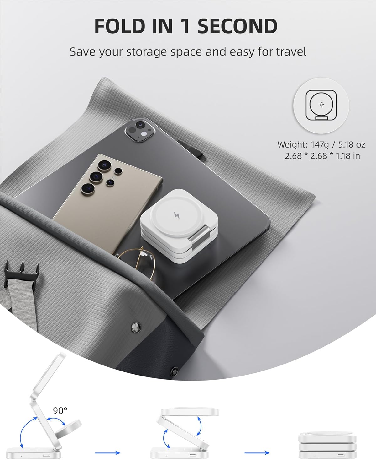 Foldable 3 in 1 Wireless Charging Station for Samsung, KU XIU X55 Ultra Magnetic Travel Charger Stand for Galaxy S24 Ultra S23 S22 Note 20 Z Fold Flip 6 5, Galaxy Watch Ultra 7 6 5, Galaxy Buds, White