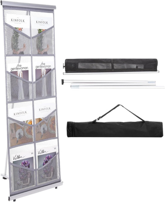 PATIKIL Portable Magazine Display Racks Floor Standing Double A4 8 Mesh Pockets Brochure Stand Catalog Literature Holder for Hotel, Exhibition, Office, Gray