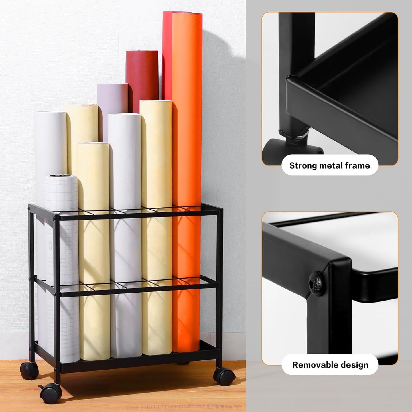 Premium Blueprint Storage Rack Cart - 15 Slots Metal Blueprint Holder with Double-Layer Grids Ensures Secure, Non-Slip Storage, Organizing Posters, Architectural Plans, and Artwork Stably.