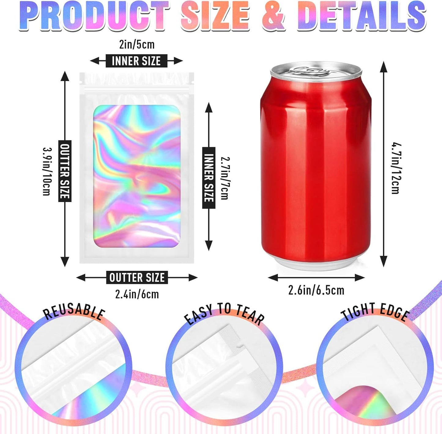 Smell Proof Bag, 100 PCS Mylar Bags, Holographic Bags with Sealing Strip, Resealable Bag (2.4x3.9 Inch)