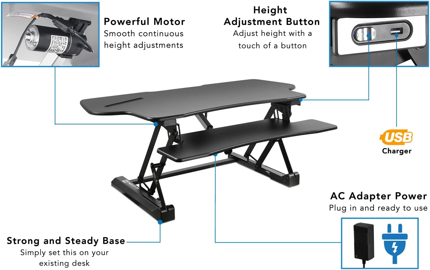 Mount-It! 48" Electric Adjustable Standing Desk Converter 2 Monitors, Adjustable Stand Up Desk Riser for Monitors, X-Large Motorized Workstation Topper with Keyboard Tray for Home Office, Black