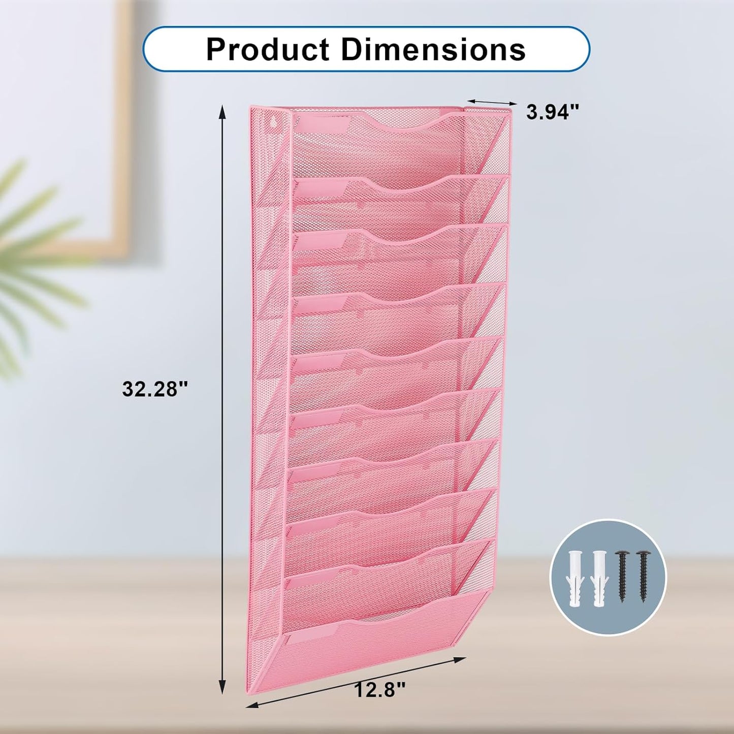 EASEPRES 10 Pocket Mesh Hanging Wall File Organizer, Wall Mounted Mail Paper Document Folder Holder, Clipboard Storage Organization Magazine Rack with Nametag Label for Office Home School, Pink