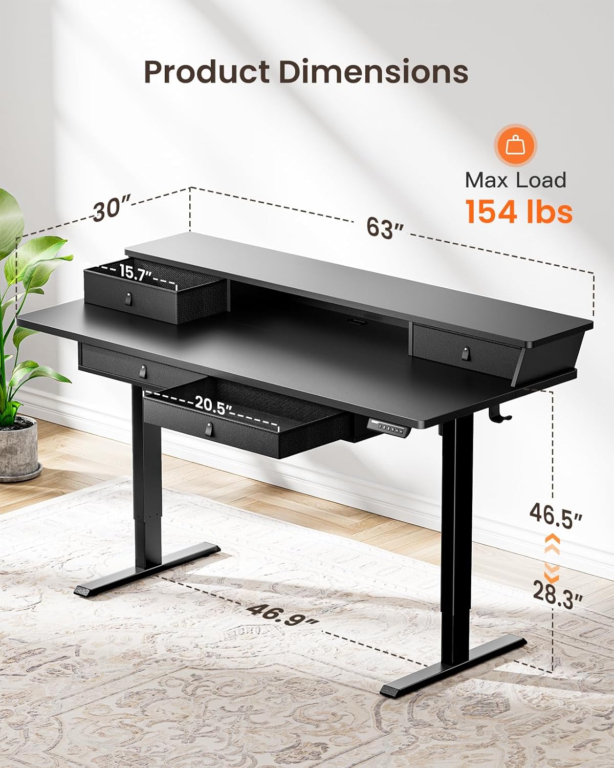 ErGear Electric Standing Desk with 4 Drawers, 63" x 30" Height Adjustable Desk with Storage, C-Clamp Mount Compatible, Computer Home Office Table with Cable Management Tray, Black