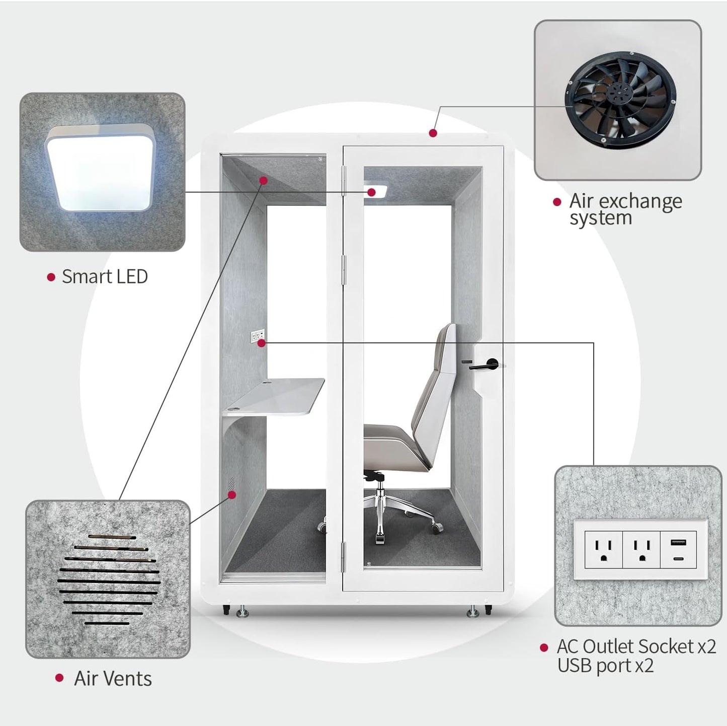 Soundproof Office Pod Booth, Quiet Meeting Pod with Acoustic Panels, Mobile Focus Room, Privacy Silent Booth for Private Phone Calling, 1-2 Person Workspace with Sound Isolation W55in D48in H92in
