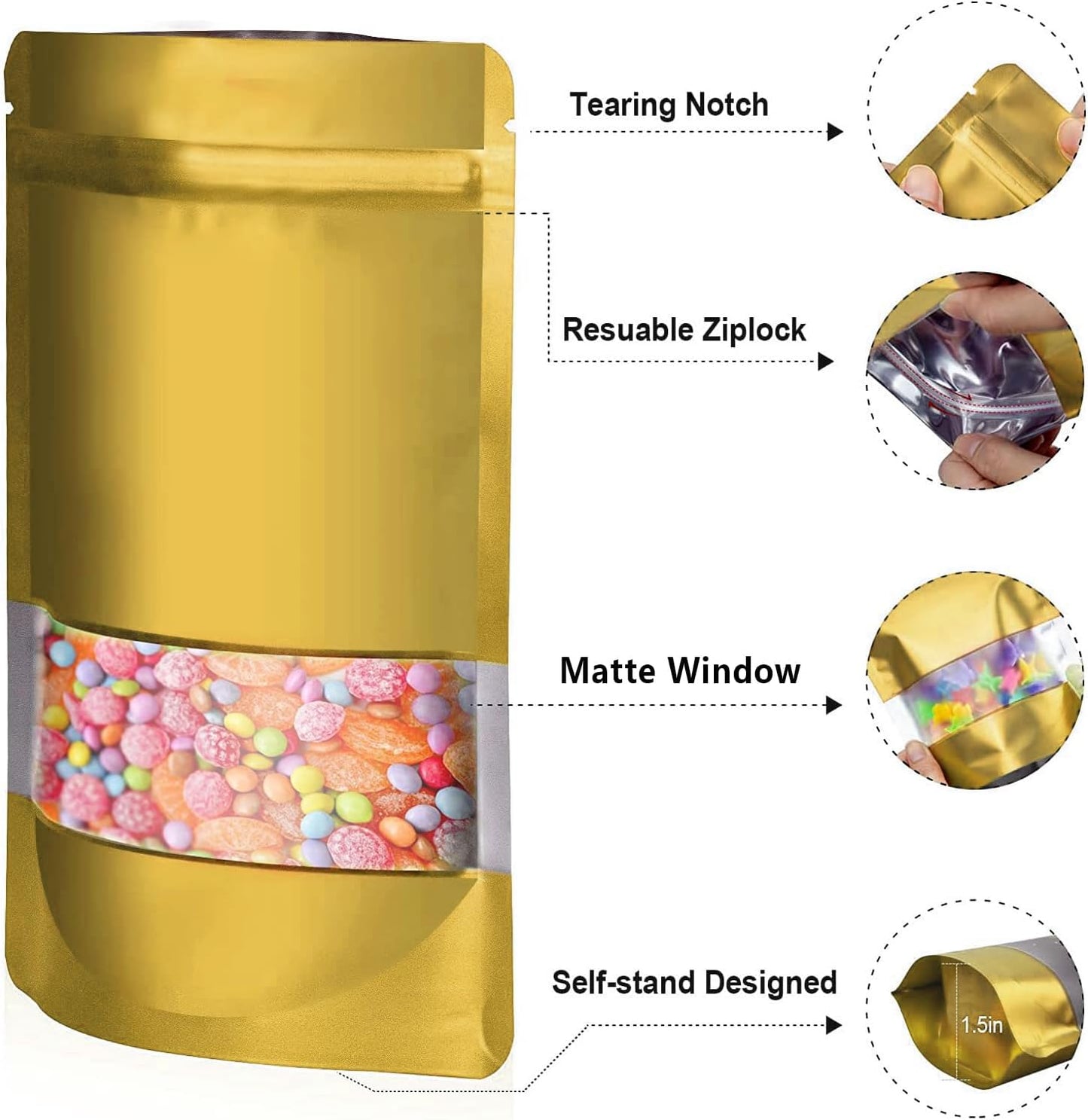 7.1"x10.2" 1 Quart 120pcs Mylar Bags for Food Storage,Smell Proof Bag with Matte Window Resealable Food Storage Bags for Small Business, Stand-up Foil Pouch Packaging Freeze Dried Candy Bag (Gold)