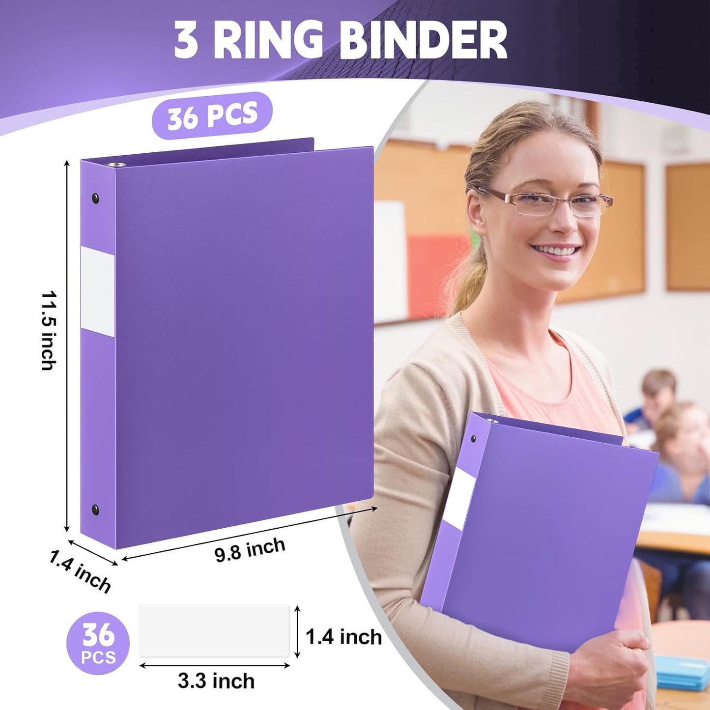 36 Pcs 1 Inch 3 Ring Plastic Binder Flexible Binders Bulk Fits Letter Size 8.5'' x 11'' Paper Holds up to 225 Sheets with 1 Pockets Versatile Binder for School Office Home (Purple)