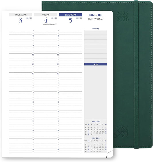 POPRUN Academic Planner 2025-2026, 8.5'' x 11.25'', Quarter-Hourly Appointment Book (July 2025-June 2026) with PU Leather Soft Cover, Dual Pockets, Monthly Tabs, 100GSM Thick Paper - Forest Green