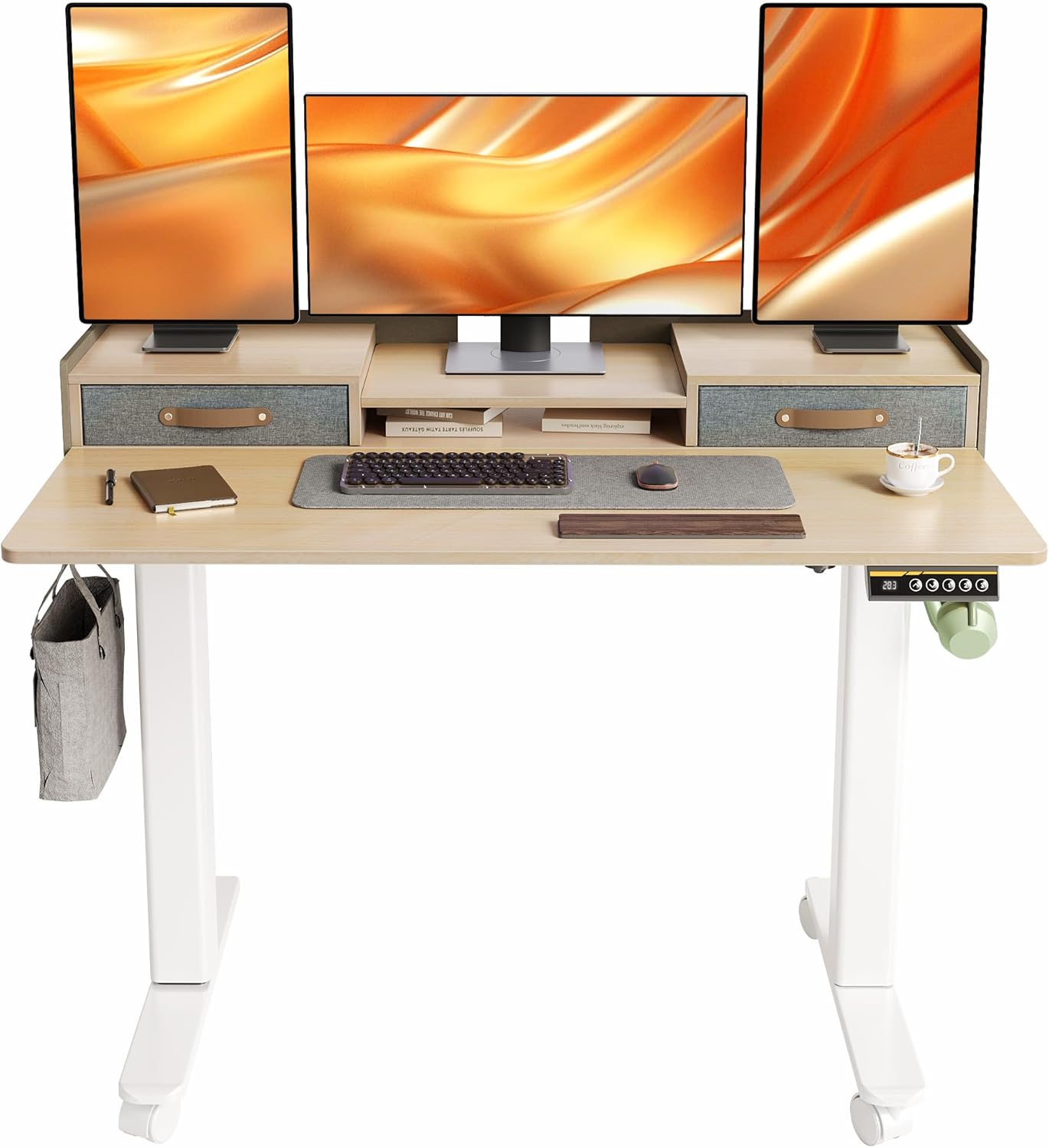 YDN Standing Desk with Drawers, 48 Inch Standing Desk Adjustable Height, Adjustable Electric Stand Up with Storage and Shelf, Natural