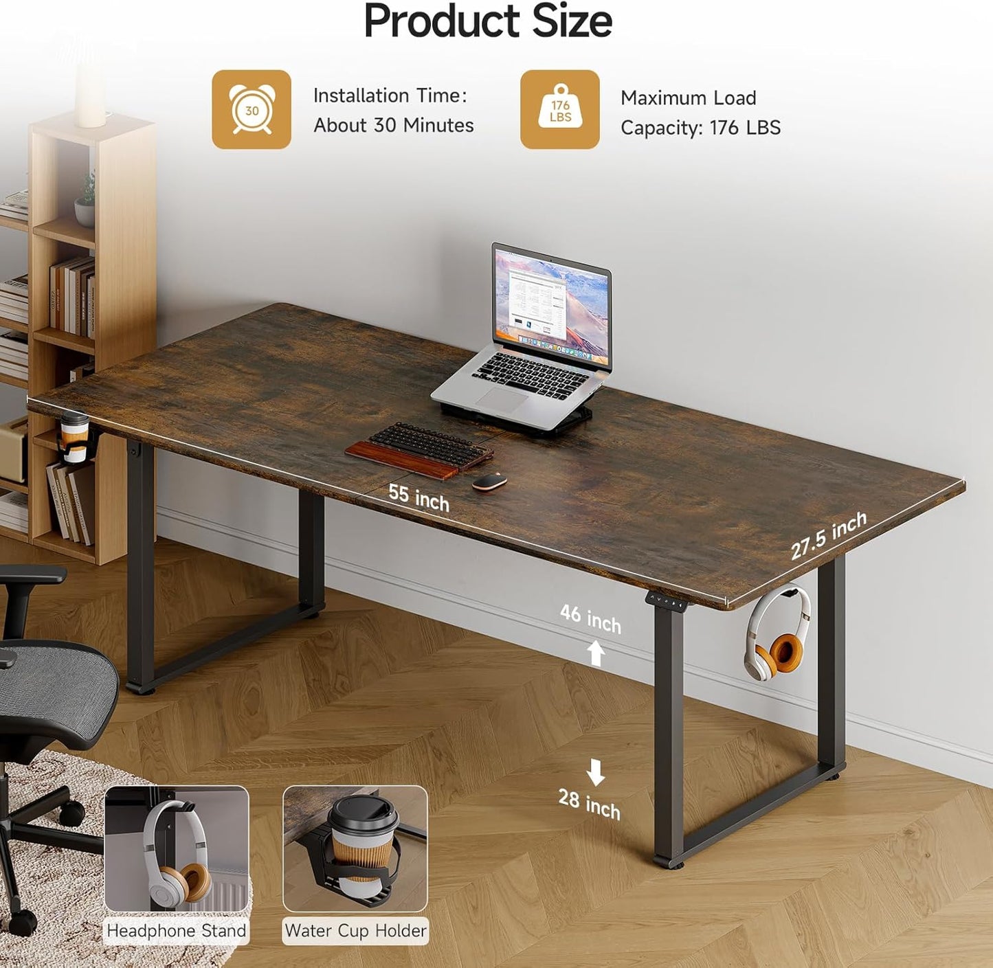 Standing Desk, 71x32 Inches Rectangle Stand Up Desk with 4 Legs, Dual Motor and Memory Controller, Adjustable Height from 28-46 Inches for Home and Computer Workstation, Rustic Brown