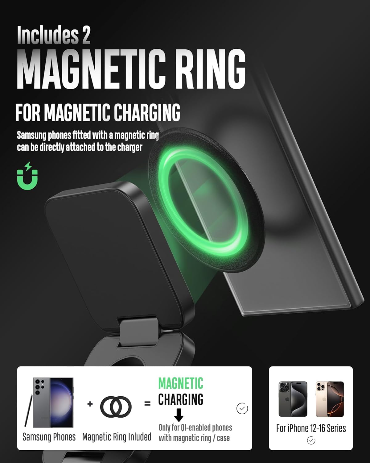 Foldable 3 in 1 Wireless Charging Station for Samsung, KU XIU X55 Ultra Magnetic Travel Charger Stand for Galaxy S24 Ultra S23 S22 Note 20 Z Fold Flip 6 5, Galaxy Watch Ultra 7 6 5, Galaxy Buds, Black