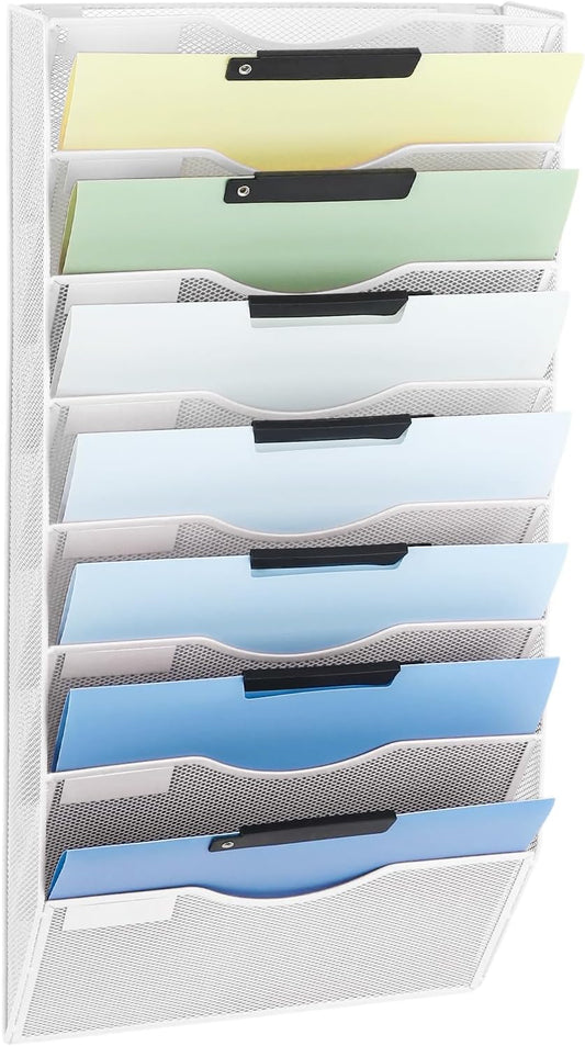 EASEPRES 8 Pocket Mesh Hanging Wall File Organizer, Wall Mounted Mail Paper Document Folder Holder, Clipboard Storage Organization Magazine Rack with Nametag Label for Office Home School, White