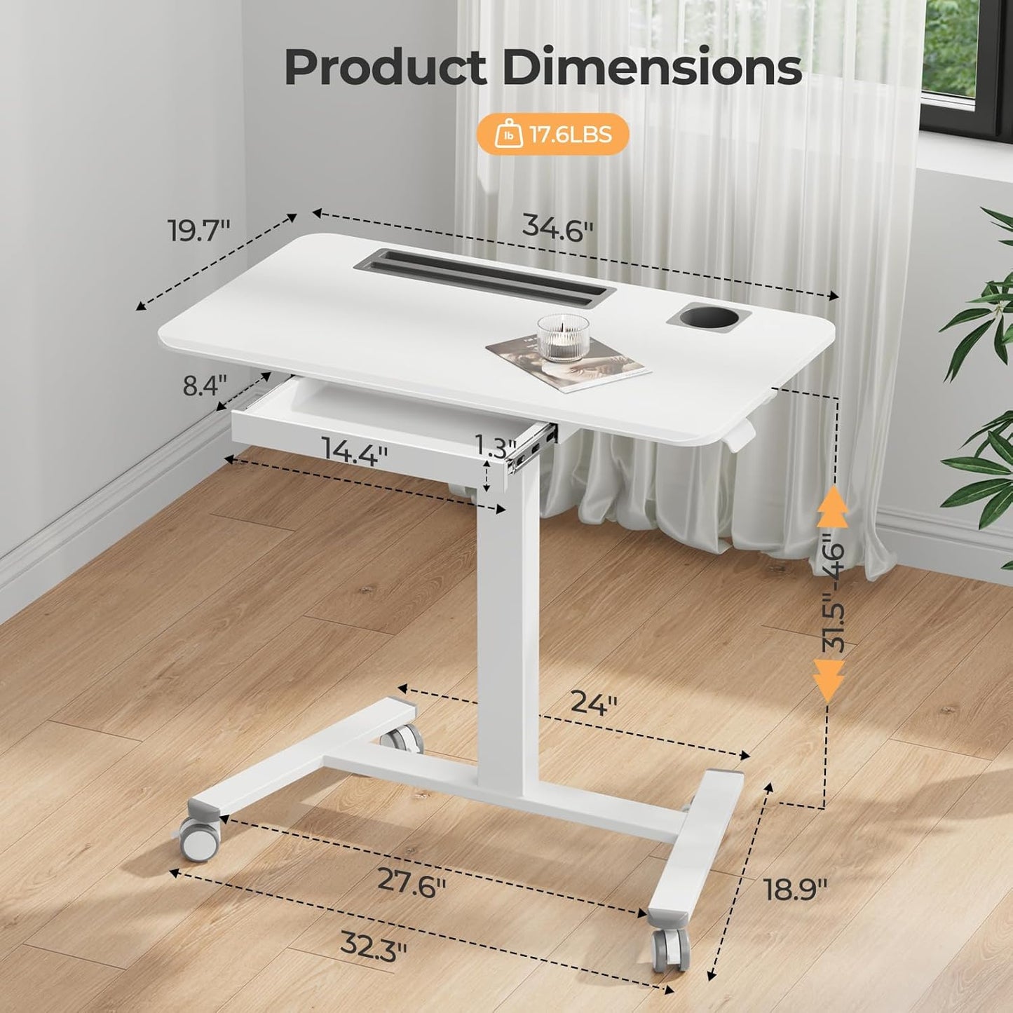 Mobile Standing Desk with Drawer, 35" Small Standing Desk with Cup Holder, Rolling Laptop Desk on Wheels, Height Adjustable Desk with Storage for Home Office, White