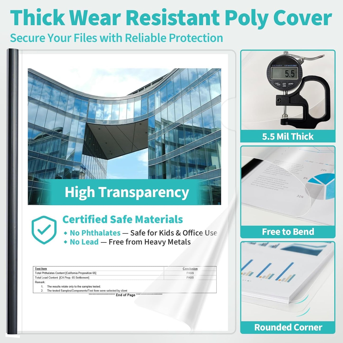 Binditek 12 Pack Clear Report Covers with Sliding Bars, 5mm Sliding Bar File Folder, 25 Sheet Capacity, Letter Size, Multi Color (White, Yellow, Red, Green, Navy, Black), Office Supplies