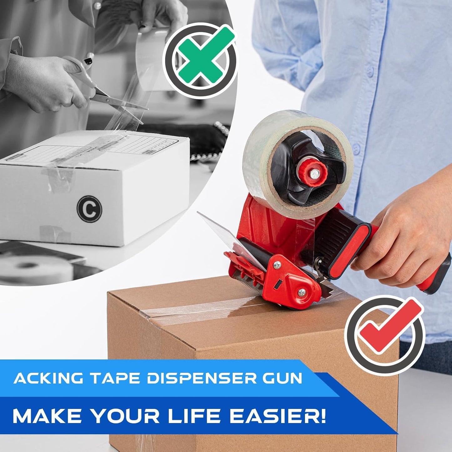 Hicarer 6 Pcs 3 Inch Packing Tape Gun Heavy Duty Tape Dispenser Non Slip Silicone Handle Portable for Shipping, Moving, Carton and Box Sealing