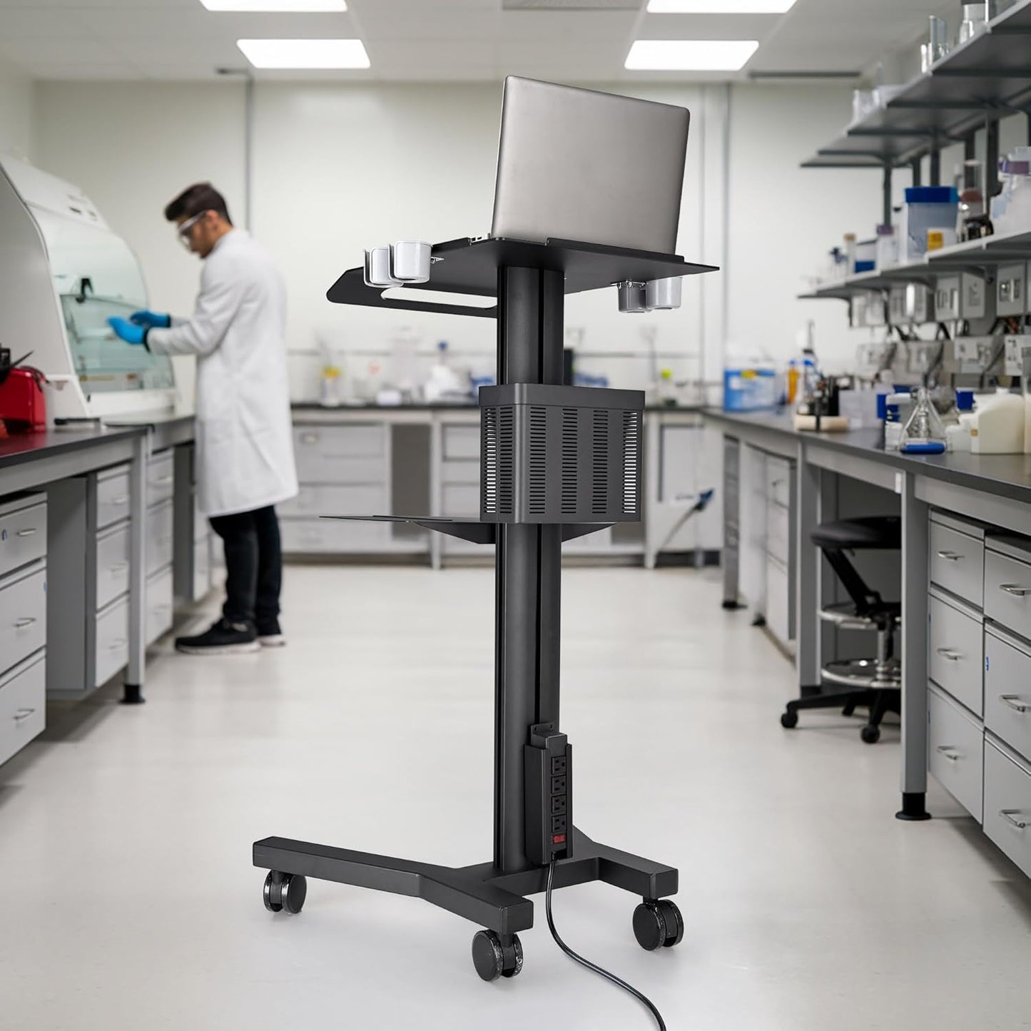 AW Mobile Laptop Cart Medical Rolling PC Stand Computer Workstation on Wheels with Handle 220 Lbs Capacity CPU Printer Power Strip Holder for Lap School Office Salon Spa Dental