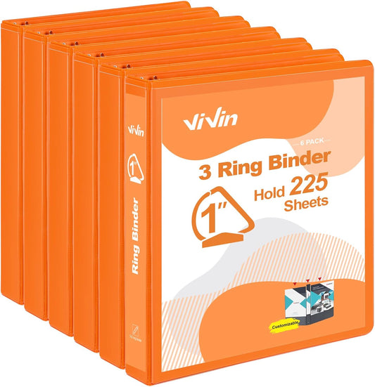 ViVin Sturdy 1 Inch D Ring Binders, 3 Ring Binders with 2 Pockets, Hold 225 Sheets of US Letter Size Paper for Office,Home,School, 6 Pack (Orange)
