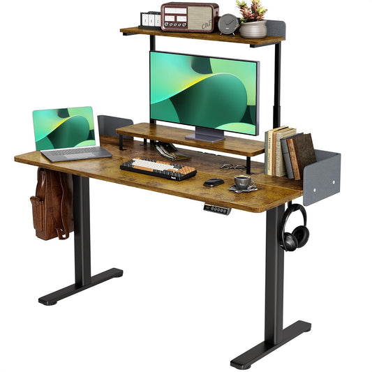 Claiks Electric Standing Desk with Removable Shelves, 55 x 24 Inches Height Adjustable Desk, Stand Up Monitor Stand Desk for Computer Workstation, Rustic Brown