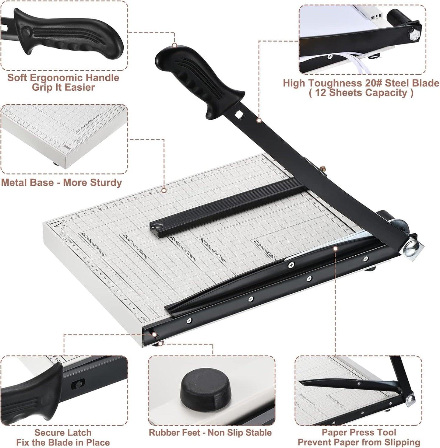 PATIKIL Paper Cutter A4 Stack Paper Trimmer for Cardstock, 12" Cutting Length, Guard Rail Paper Press Tool, Adjustable Guide, Metal Base, 12-Sheets Capacity, Paper Slicer for Office, Home