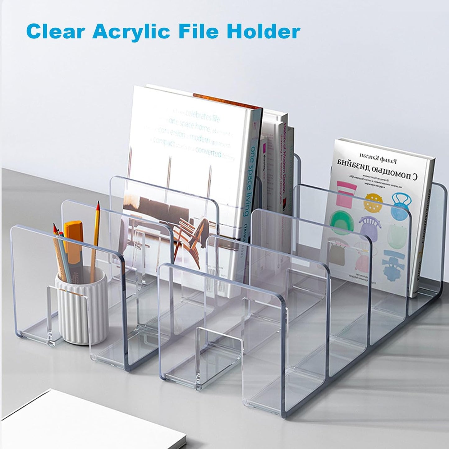 Marte Vanci Clear Acrylic File Sorter, Sturdy Desk File Organizer Shelf Book Holder Purse Handbag Clutch Divider File Folder Rack for Letter Cookbooks Home Office Kitchen Supplies 4 Sections (2 Pcs)