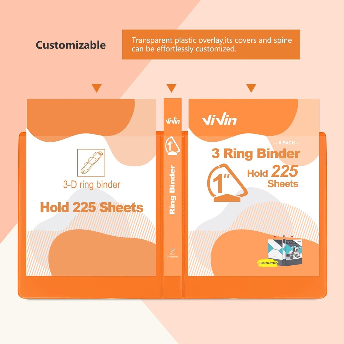 ViVin Sturdy 1 Inch D Ring Binders, 3 Ring Binders with 2 Pockets, Hold 225 Sheets of US Letter Size Paper for Office,Home,School, 6 Pack (Orange)