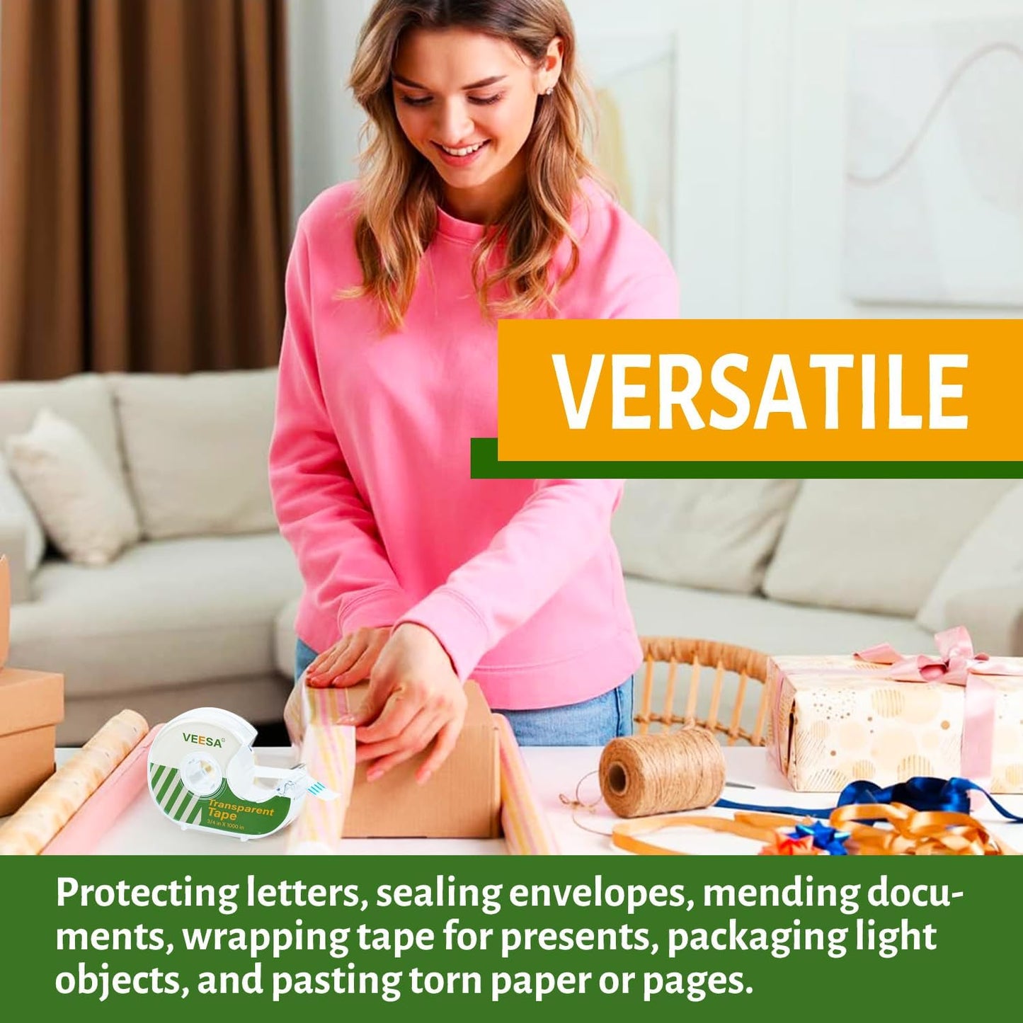 VEESA Transparent Tape with Dispenser, 3/4 x 1000 Inches, 12 Rolls Clear Tapes for Craft Jobs, Home & School Supplies