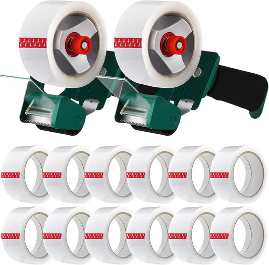 2 Pack Packing Tape Dispenser Gun with 12 Roll Packing Tape 2 Inch Gun 2.7 Mil Heavy Duty Packaging for Shipping, Moving, Carton and Box Sealing (Green)