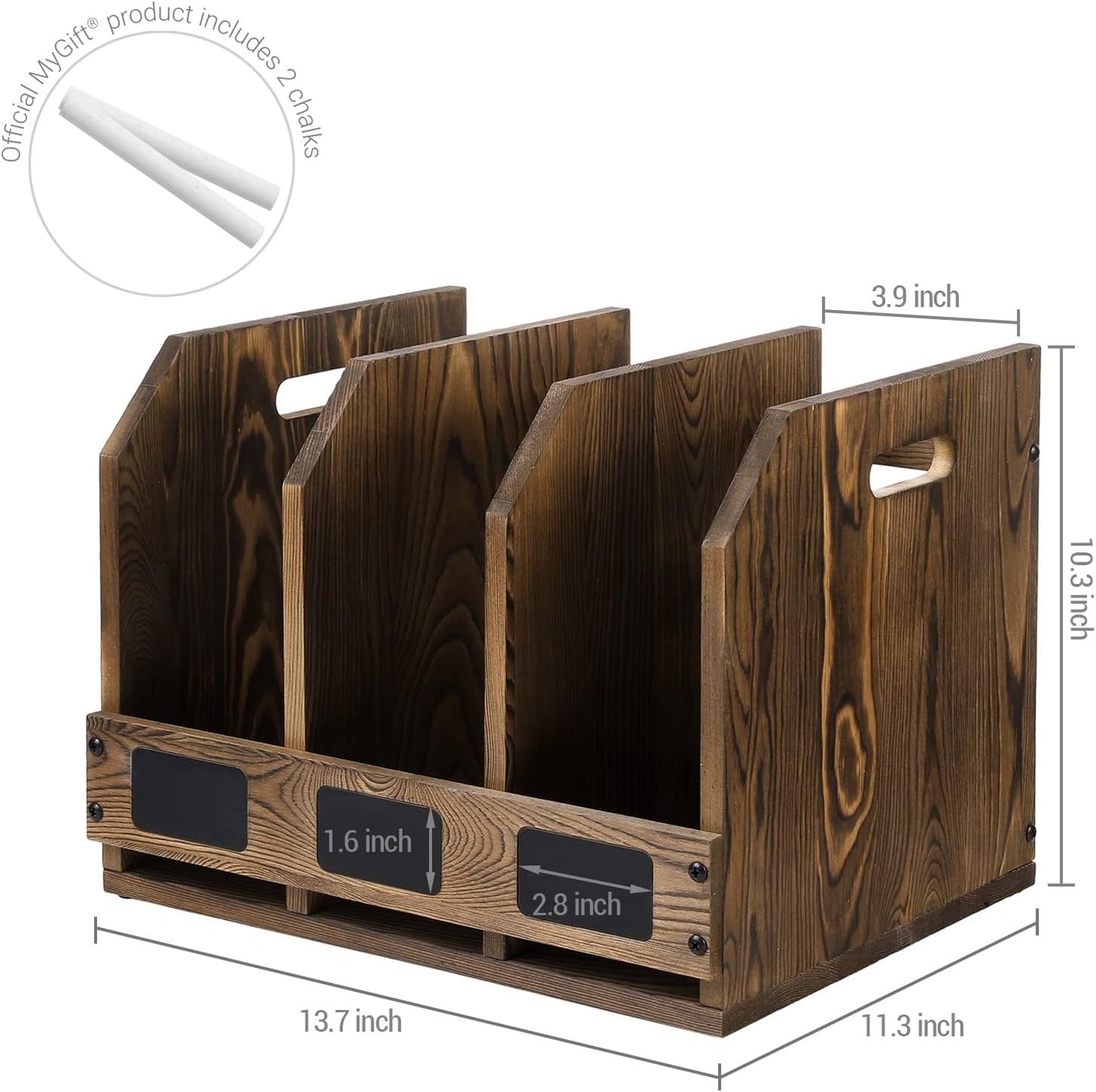 MyGift Office Desktop Document File Folder Rustic Burnt Brown Wood Binder Storage Organizer Rack with 3 Compartments and Chalkboard Labels