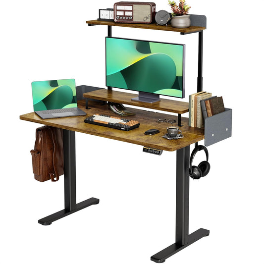 Claiks Electric Standing Desk, 48 x 24 Inches Height Adjustable Desk with Removable Shelves, Stand Up Desks Computer Workstation, Rustic Brown