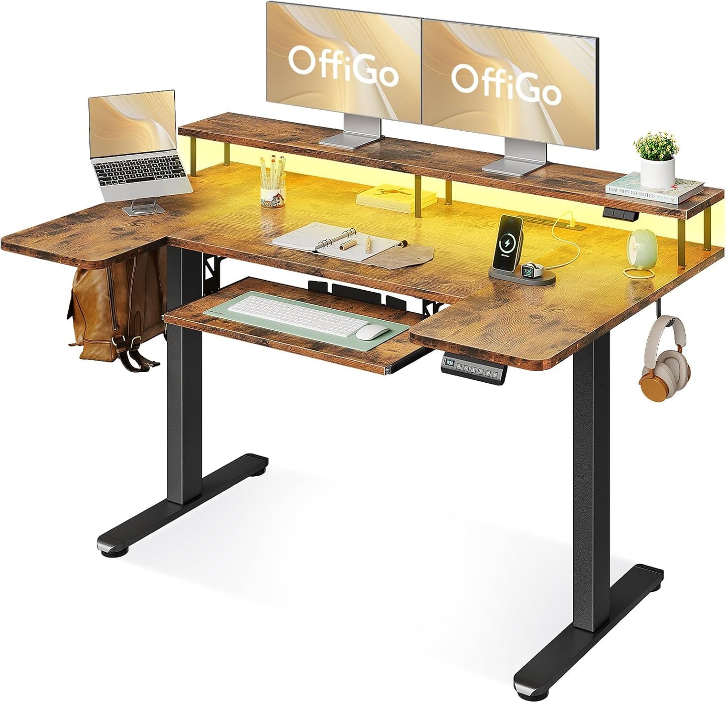 OffiGo U Shaped Electric Standing Desk with Keyboard Tray, 55 Inch Height Adjustable Desk with Power Outlets & LED Lights, Sit Stand Table with Monitor Stand for Home, Office, Rustic Brown