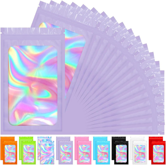 Mylar Bags, 100 PCS Packaging Bags, Small Bag Smell Proof Bag with Clear Window Purple (5.5x7.9 Inch)