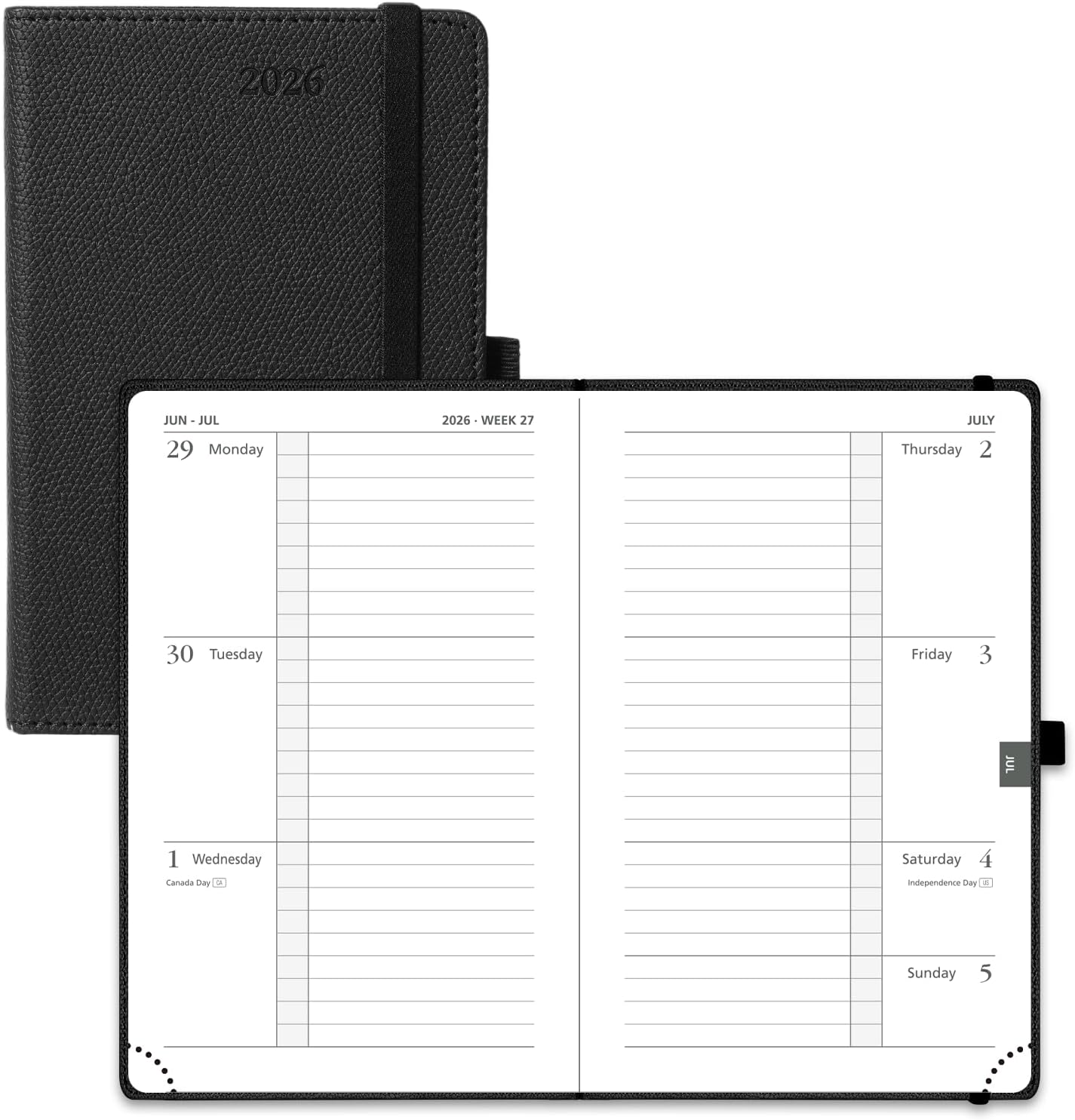 POPRUN Weekly Planner 2026 Calendar (Pocket 4'' x 6.25'') 12 Months Notebook with Horizontal Layout, Leather Hardcover, Inner Pocket, 100GSM Thick Paper, Pen Holder TJ - Black