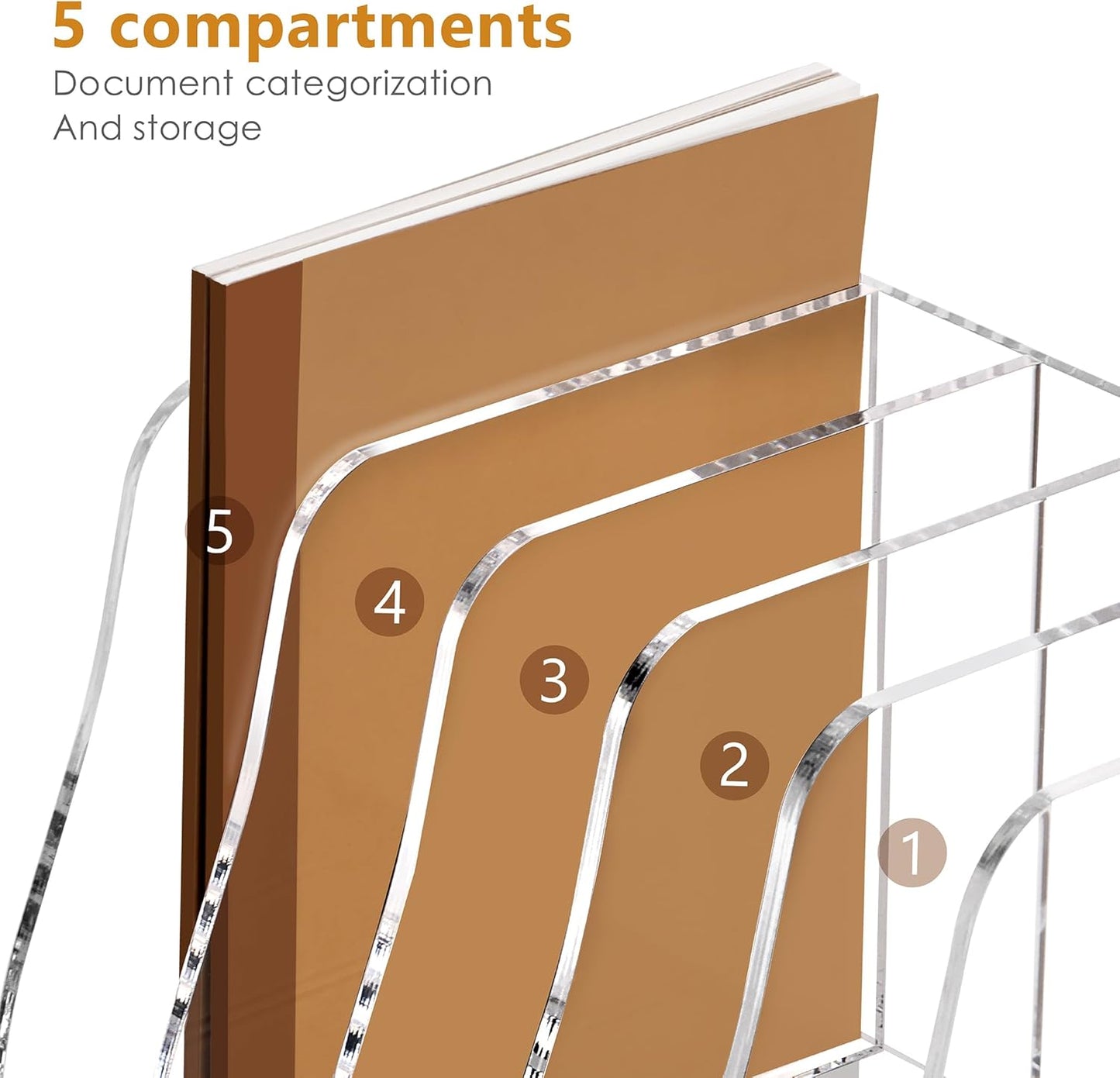 SANRUI Acrylic Desk File Organizer, 5 Vertical Compartments Clear Magazine File Holder Workspace Sorters, Folder Rack for Office Accessories Organization Storage