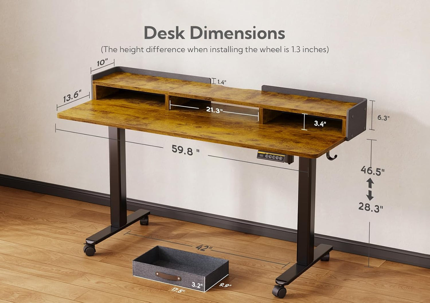 YDN Rustic Brown 2-Tier Adjustable Electric Standing Desk, 59 inch, Modern Design with 2 Drawers, Felt Fence, Hook, for Office