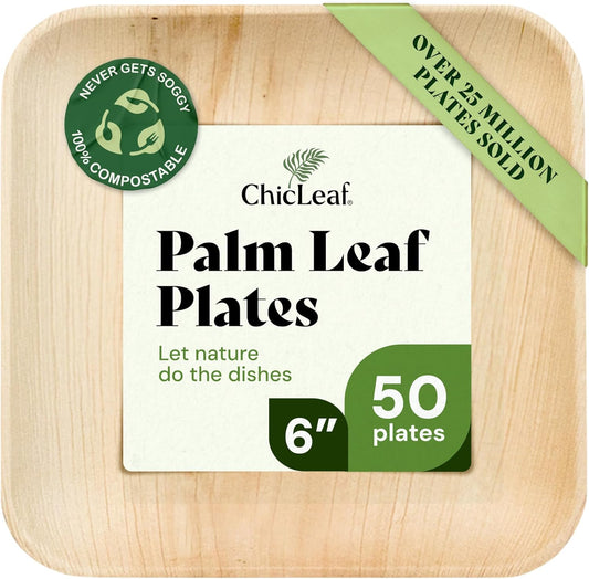 Chic Leaf Palm Leaf Compostable Plates Disposable - 6" Square, 50 Pack - Heavy-Duty Biodegradable, Disposable Party Bamboo Appetizer Plates - Party Serving Supplies