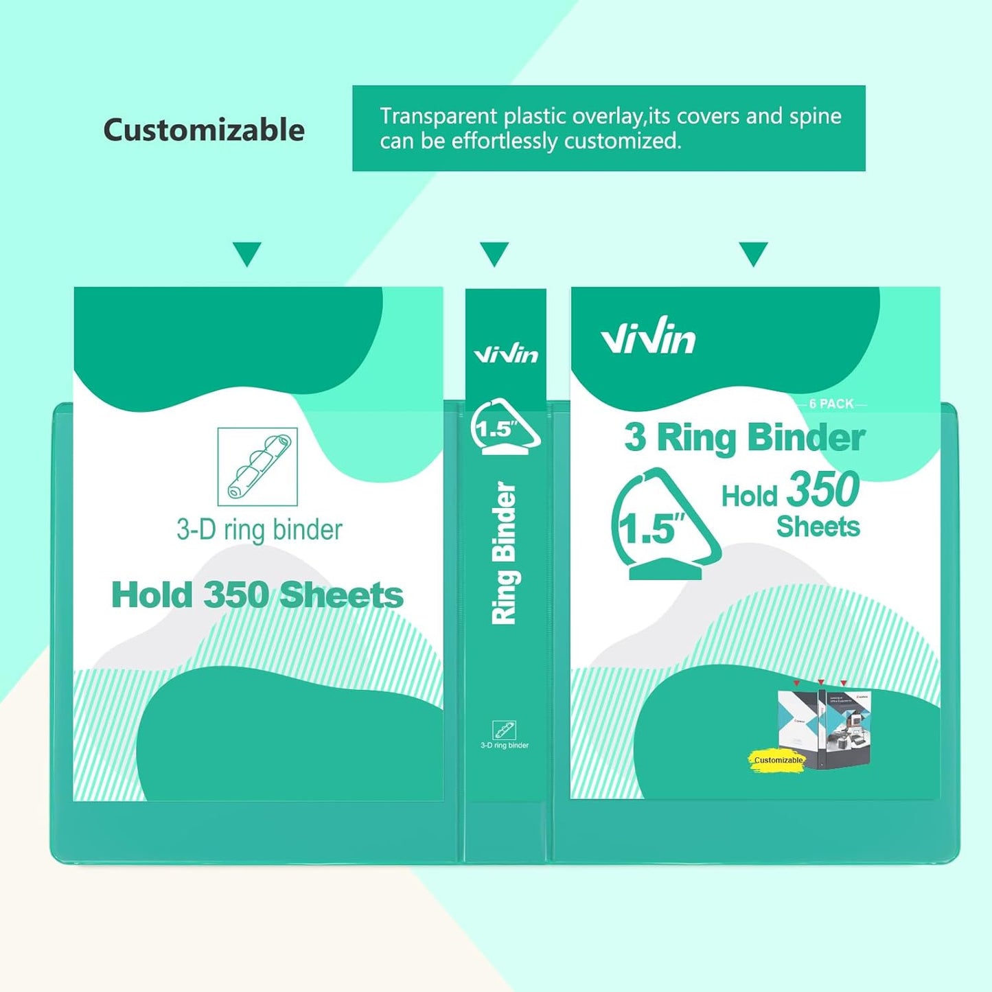 ViVin Sturdy 1.5 Inch 3 Ring Binder with Pockets, Slant-D Ring, PVC-Free, Customizable Clear View Binder,Holds 350 Sheets of 8.5" x 11" Paper, 6 Pack (Assorted)