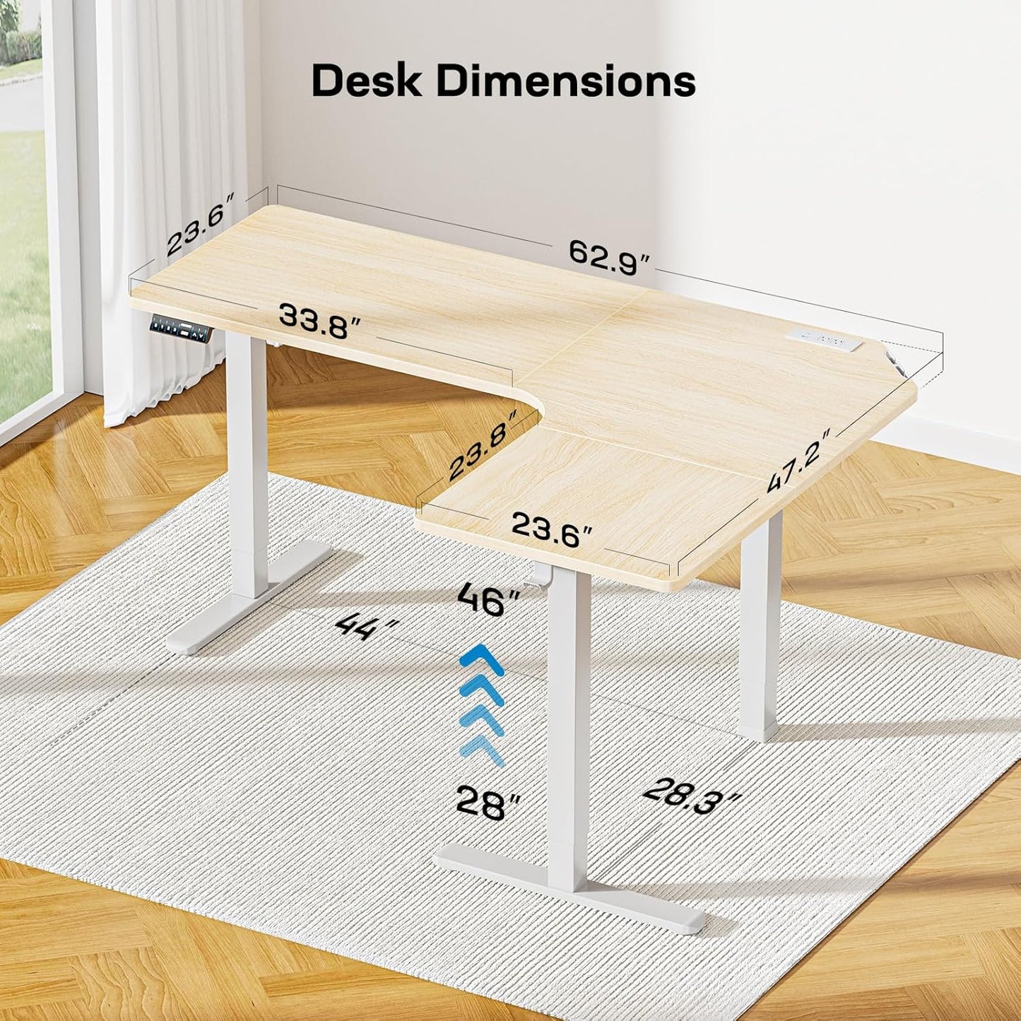 HUANUO 63″ Dual Motor L-Shaped Standing Desk, Built-in Power Outlets, Electric Height Adjustable Corner Computer Desk, Large Power Strip Holder, Sit Stand Up Desk with 3 Preset Heights, Natural Wood