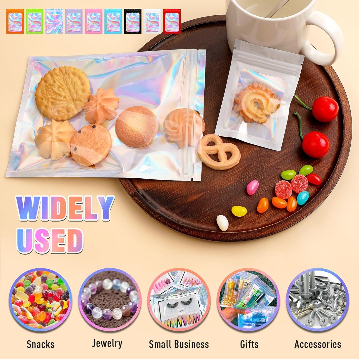 Smell Proof Bag, 100 PCS Mylar Bags, Holographic Bags with Sealing Strip, Resealable Bag (2.4x3.9 Inch)