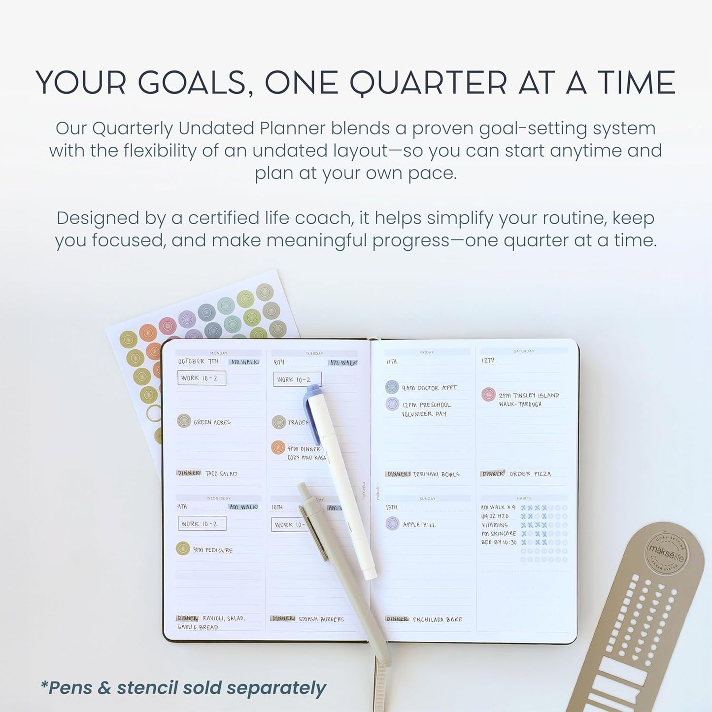 Quarterly Undated Planner - Goal Setting And Weekly Planner, Productivity Tools, Time-Management, Habit Tracker, Dark Gray