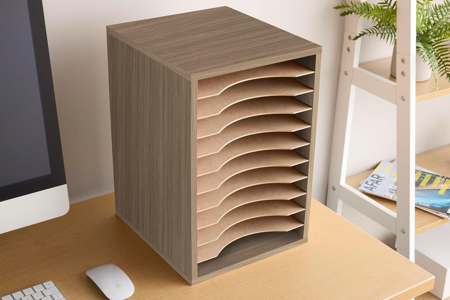 Safco Products Vertical Desktop Sorter, 11 Compartment, Gray Wood