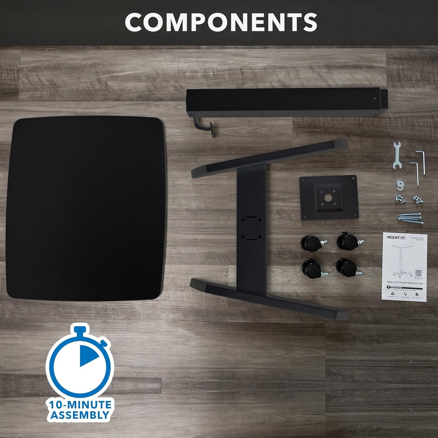 Mount-It! Rolling Laptop Desk Adjustable Height (29.6”-44.2”), Mobile Workstation Cart with 23.6” x 20.5” Desktop, Small Sit-Stand Desk for Home, Office, or Classroom in Black