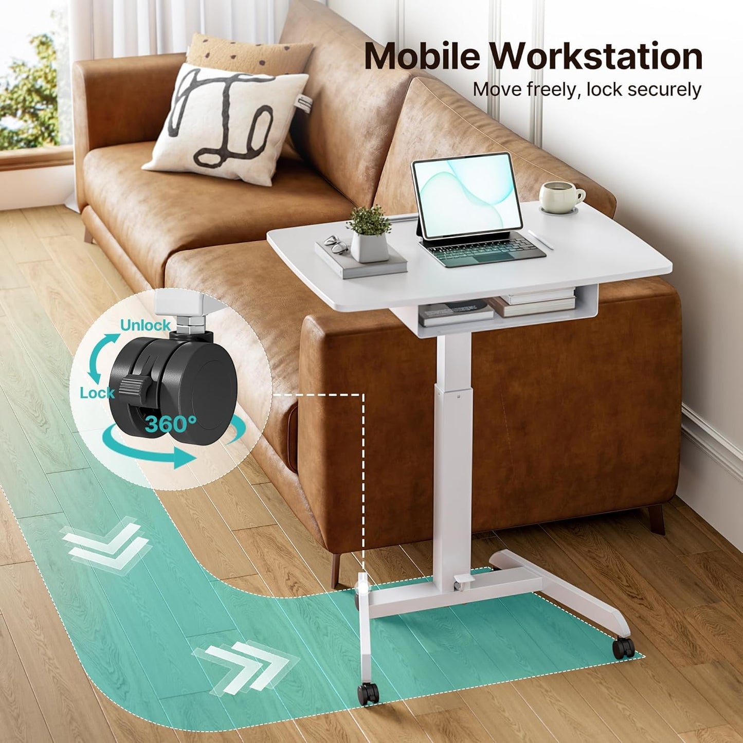 Standing Rolling Desk- 31.5' X 22' Extend Sanding Desk for Classroom, Height Adjsutable up to 44.3' Mobile Laptop Table with Wheels, Moveable Laptop Cart, Teacher Podium with Drawer, White