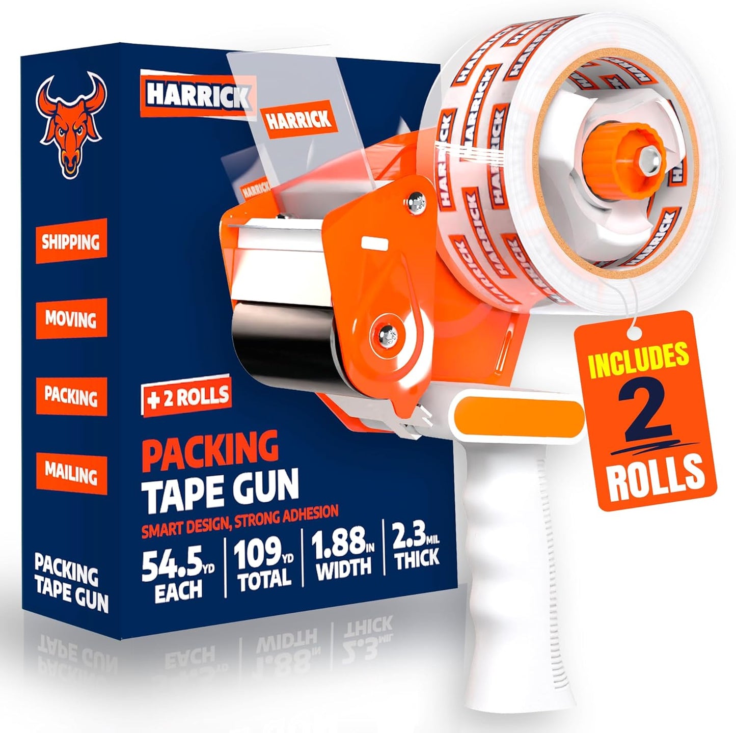 Clear Packing Tape 1.88 inch - Metal Package Tape for Home & Office - Strong & Durable Shipping Packaging Tape - Clear Packaging Tape Dispenser Heavy Duty - 2 Roll / 1 Tape Gun / 109 Yards