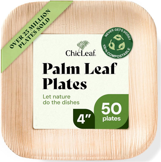 Chic Leaf Compostable & Biodegradable Palm Leaf Disposable Bamboo Plates 4" - Disposable Party Plates for Appetizers - Party Supplies (4'' - 50 Pack)