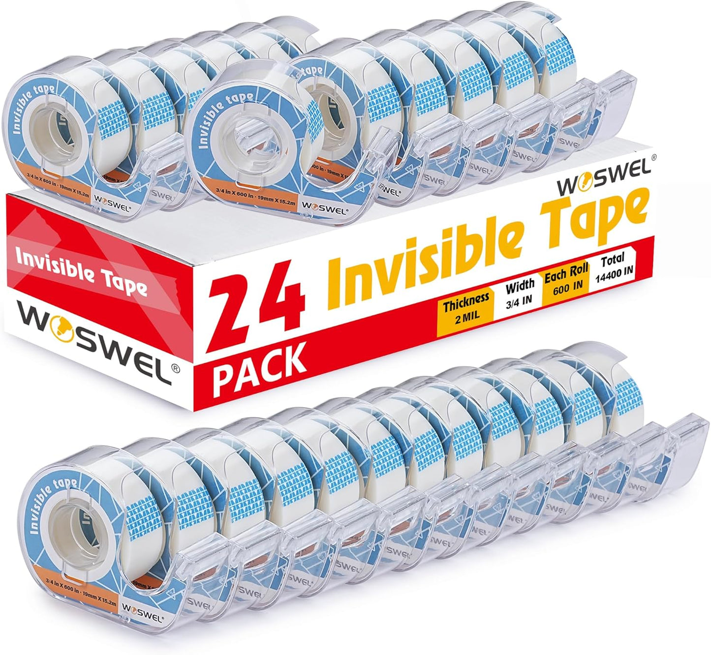 Tape Refills with Dispenser, 24 Roll Invisible Tapes, 3/4 Inch X 600 in, Gift Wrapping Tapes Back to School Supplier for Home School Office Use