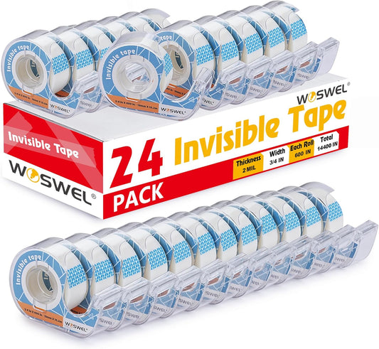 Tape Refills with Dispenser, 24 Roll Invisible Tapes, 3/4 Inch X 600 in, Gift Wrapping Tapes Back to School Supplier for Home School Office Use