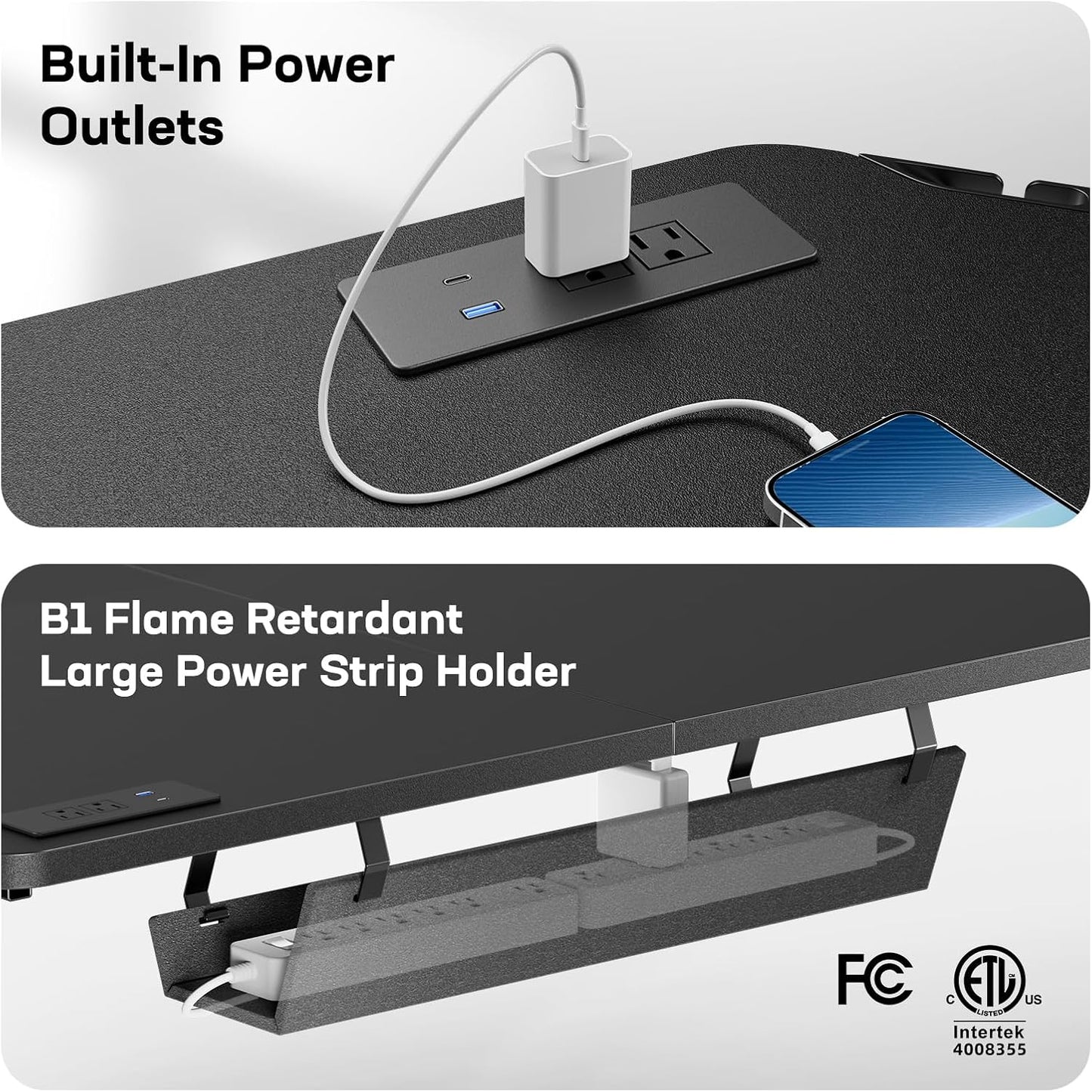 HUANUO 63″ Dual Motor L-Shaped Standing Desk, Built-in Power Outlets, Electric Height Adjustable Corner Computer Desk, Large Power Strip Holder, Sit Stand Up Desk with 3 Preset Heights, Black