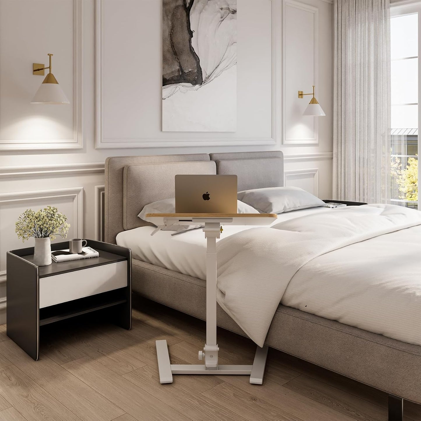 Mobile Folding Desk - 25 Inch Space-Saving Portable Sit-Stand Desk with Wheels, Height Adjustable for Home Office, Craft & Study, Beige