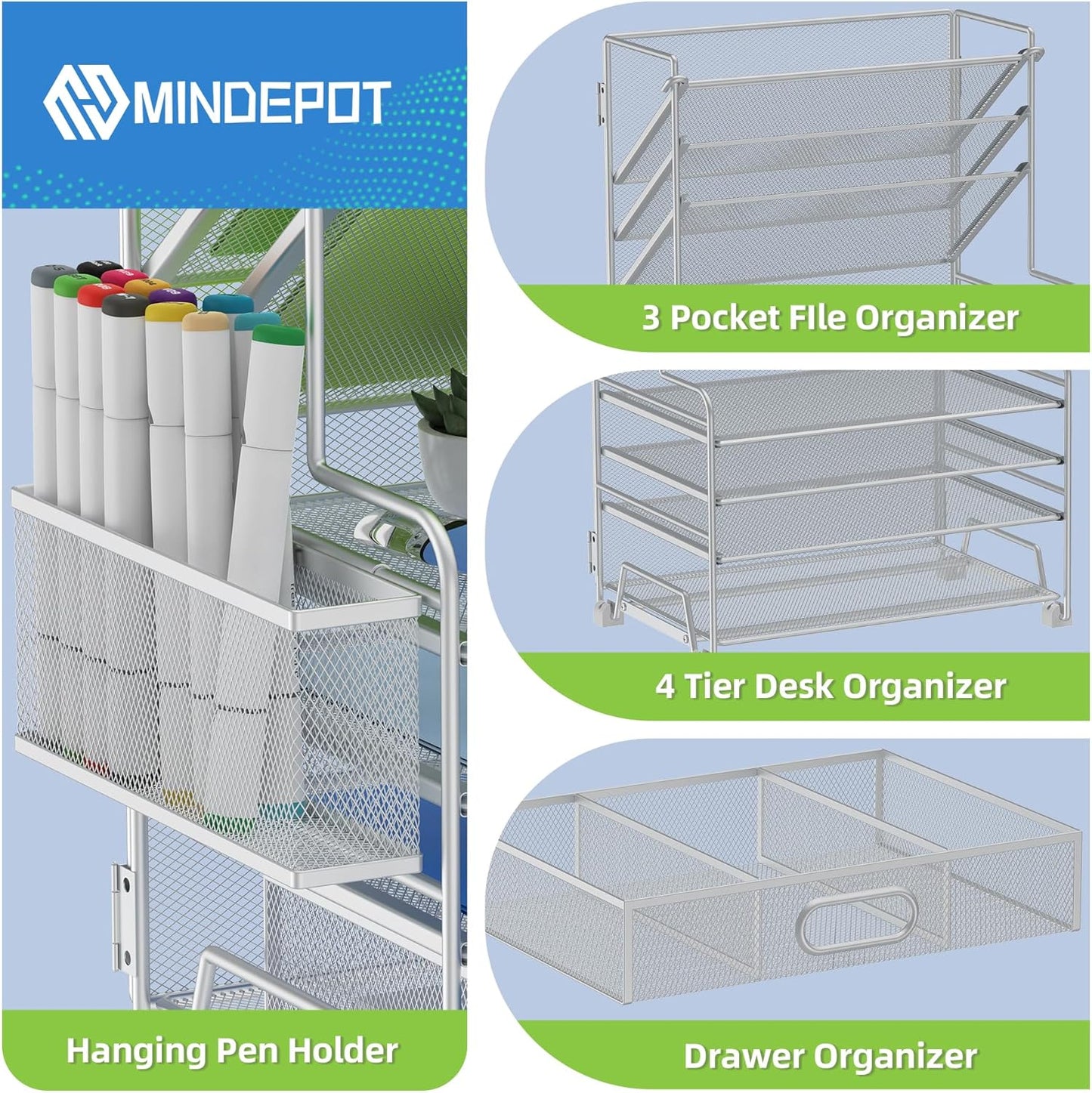 4-Tier Paper Organizer + 3-Pocket File Holder + Drawer + Pen Holders, Desktop File Organizers Paper Tray for Office Supplies School Classroom Organization (Silver, with Drawer & Pen Holder)