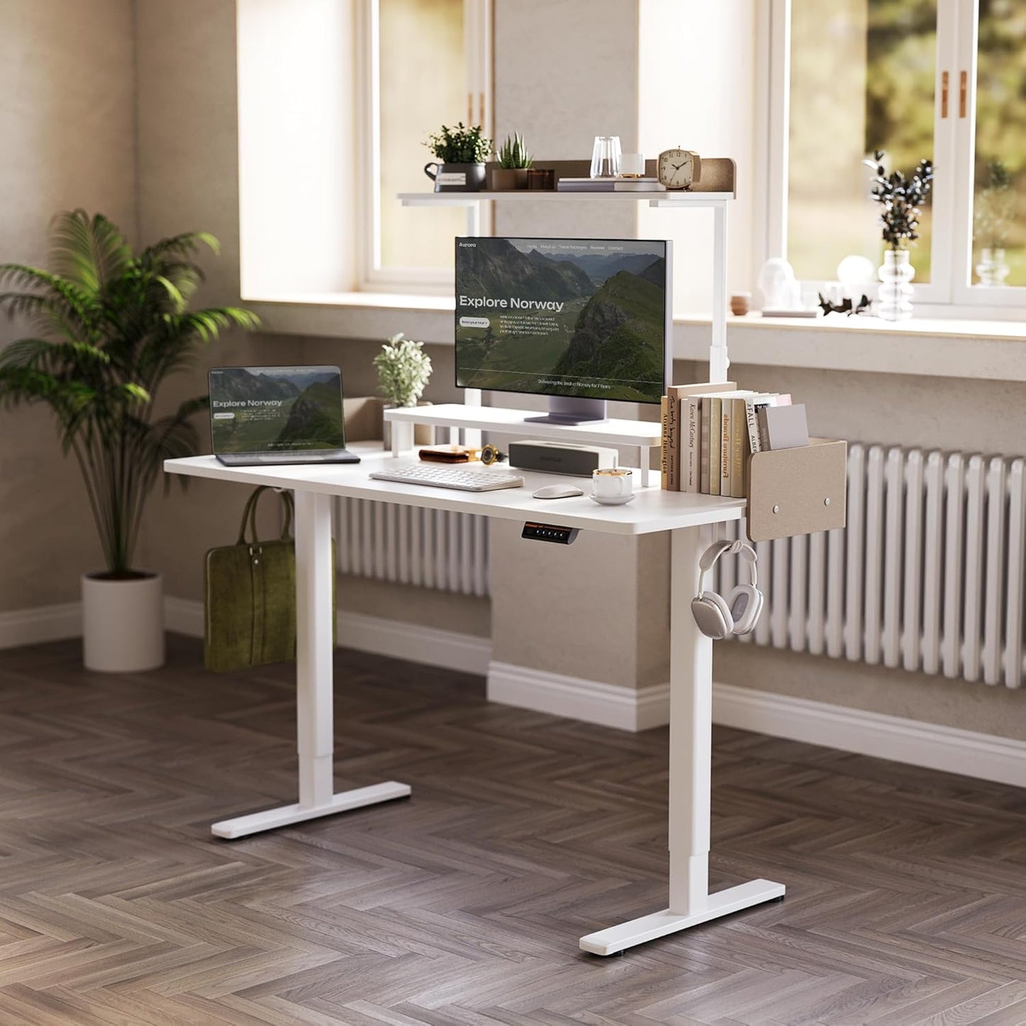 Claiks Electric Standing Desk with Monitor Stand, 48 x 24 Inches Electric Height Adjustable Desk with Removable Shelves, Stand Up Computer Desk Workstation, White